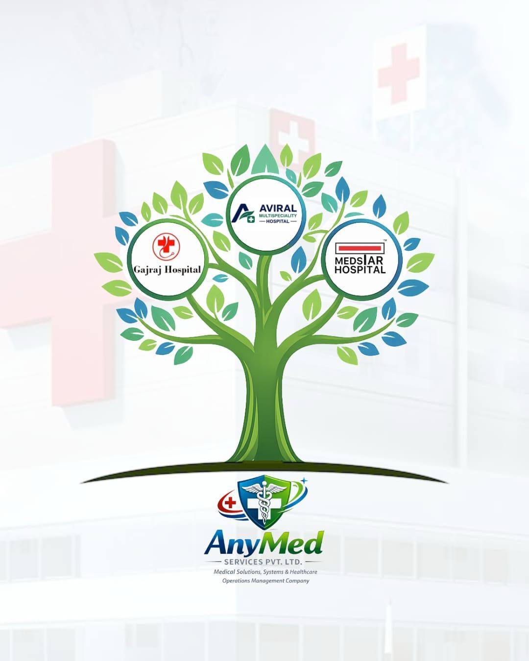 AnyMed client network featuring Gajraj Hospital, Aviral Multispeciality Hospital, and Medstar Hospital